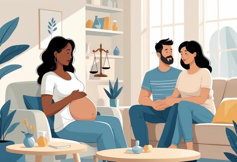 A surrogate mother and intended parents sitting together in a living room, showing a supportive and caring interaction with subtle legal symbols in the background