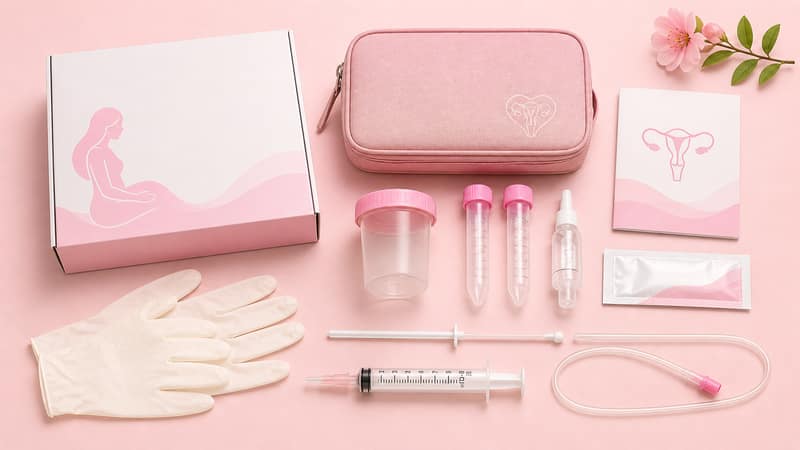 insemination kit with syringe tubes container and fertility supplies on pink background
