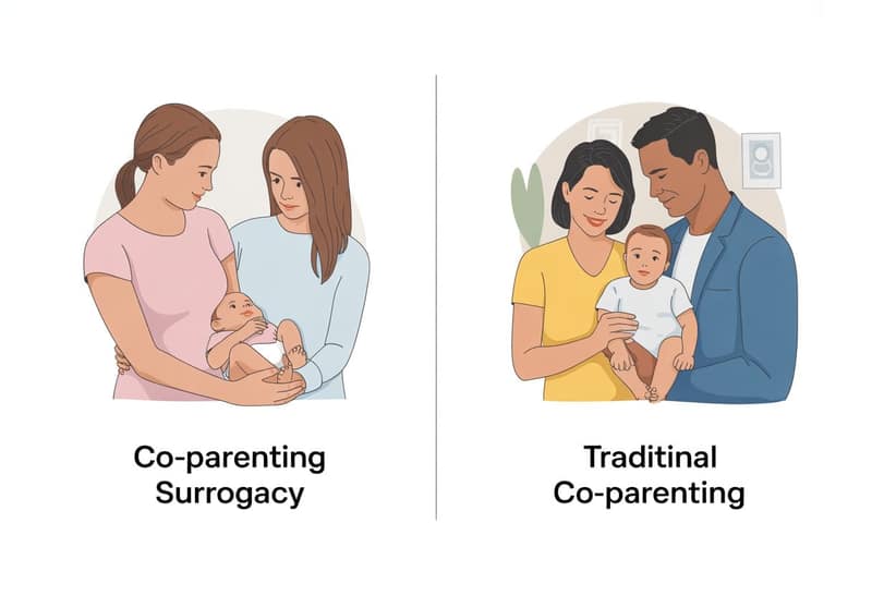 Co-parenting through surrogacy vs traditional co-parenting comparison illustration