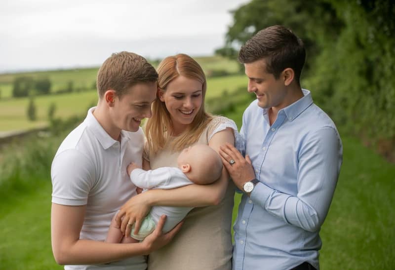 Gay couple with baby and surrogate mother in Ireland family photo
