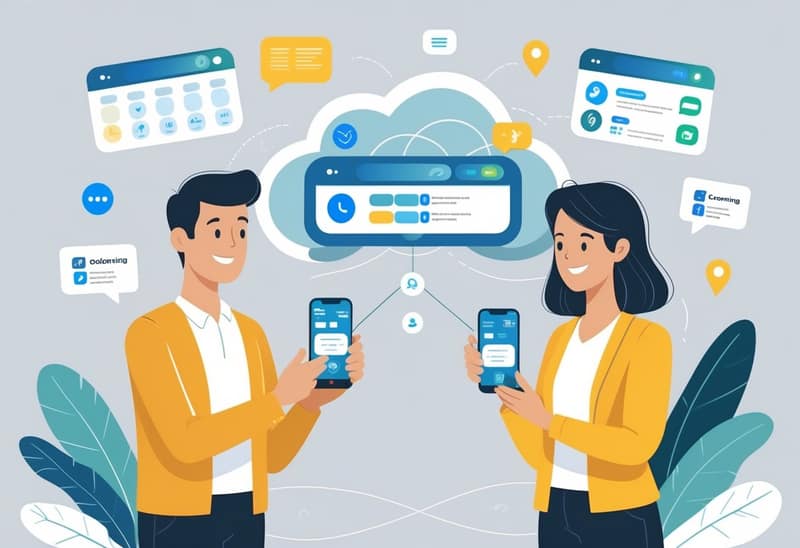 Two adults using smartphones with digital icons representing communication and scheduling floating between them, symbolising co-parenting technology tools