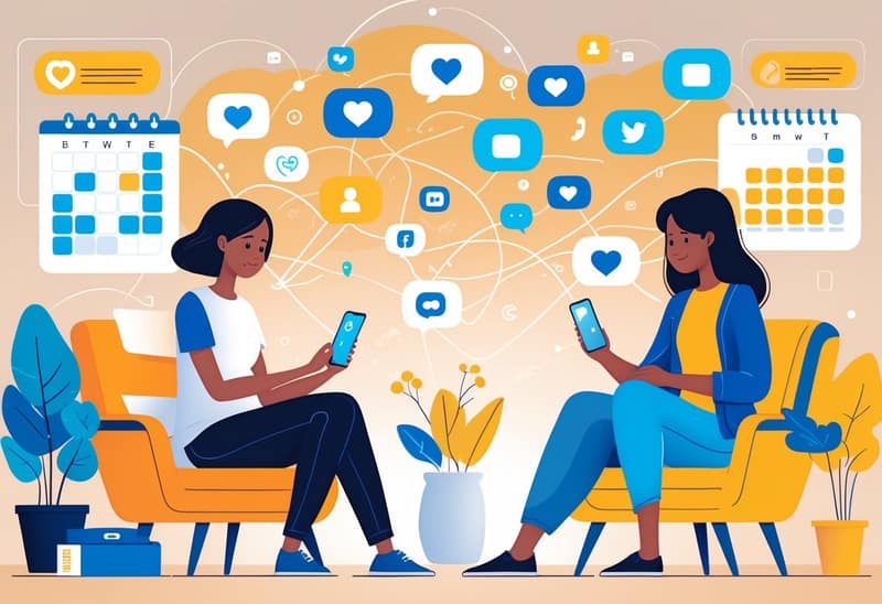 Two parents using smartphones and tablets to communicate, connected by digital icons representing social media, with a child's drawing and shared calendar in the background