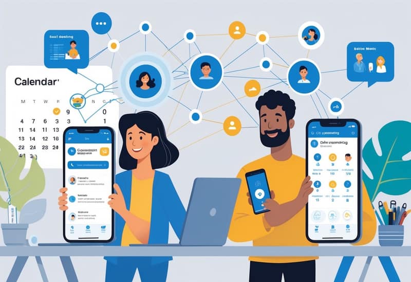 Two parents using smartphones connected by digital icons representing communication and scheduling for co-parenting