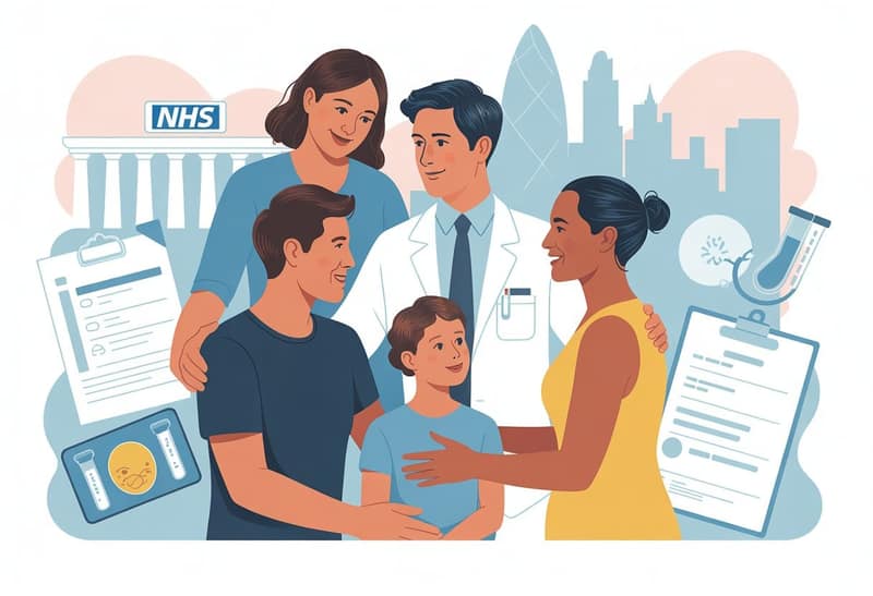 A healthcare professional explaining NHS IVF fertility treatment and co-parenting options with a UK healthcare building and London skyline in the background