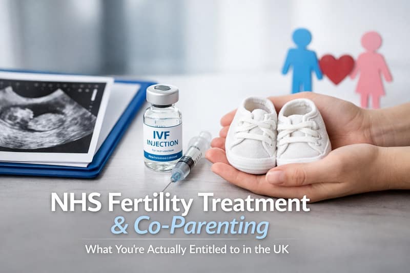 NHS IVF fertility treatment and co-parenting options with injection, ultrasound image, baby shoes, and figures representing prospective parents