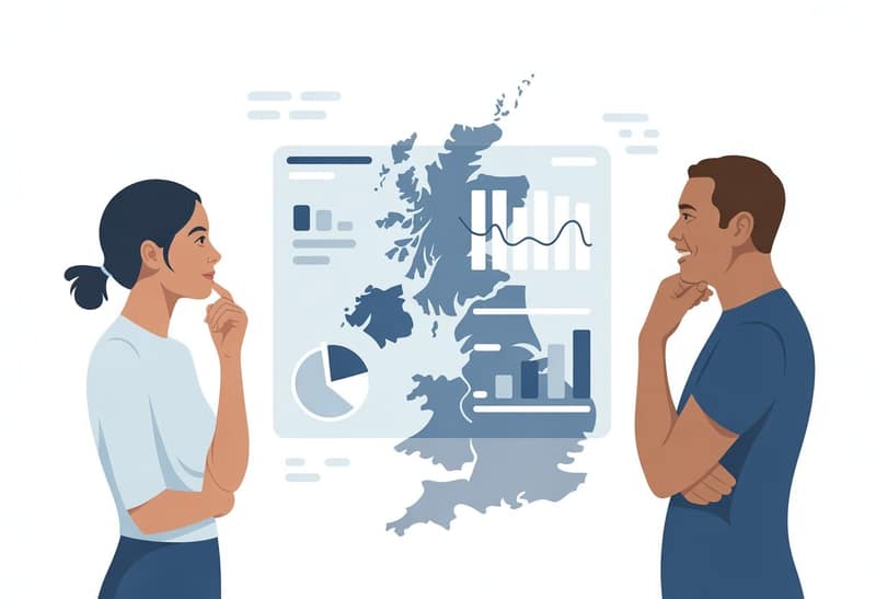 Two parents standing on either side of a large digital infographic displaying charts and graphs about UK co-parenting