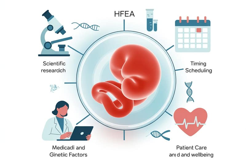 Human embryo in petri dish surrounded by icons representing scientific research, genetics, timing scheduling and patient care in IVF treatment