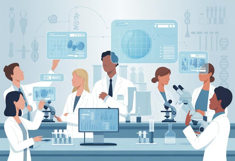 Healthcare professionals analysing HFEA success rates and fertility treatment data on digital screens in modern laboratory