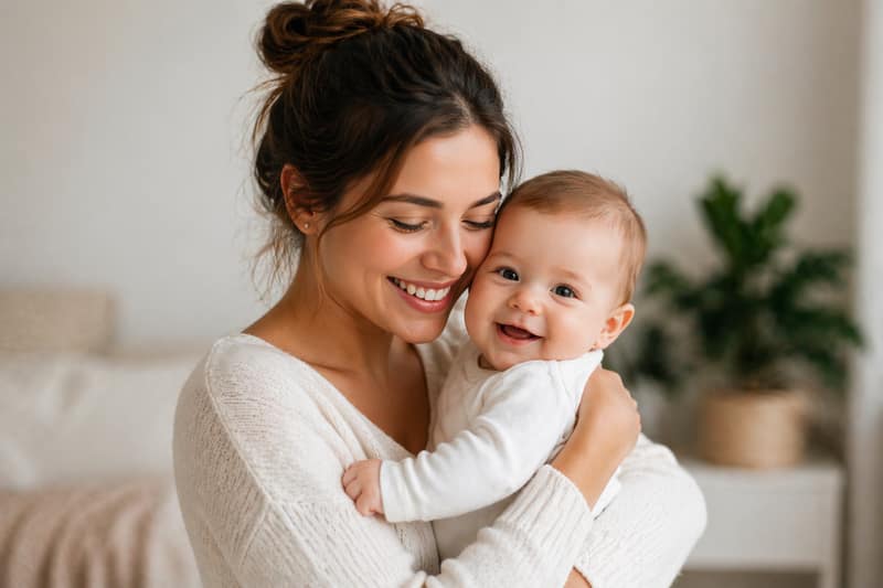 smiling mother holding her baby in a bright, cozy home setting