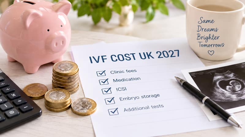 IVF Cost UK 2027 checklist with piggy bank, coins, calculator and ultrasound scan