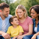 Happy family with young son outdoors representing UK co-parenting arrangement with two mothers and father