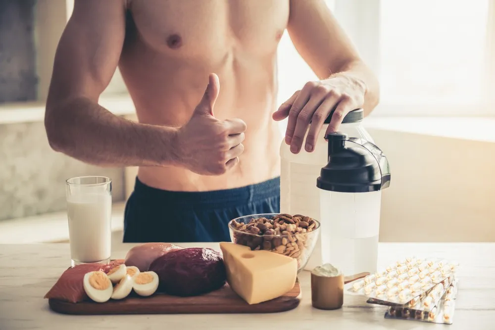 Sperm donor nutrition with healthy foods, protein shake and supplements for male fertility