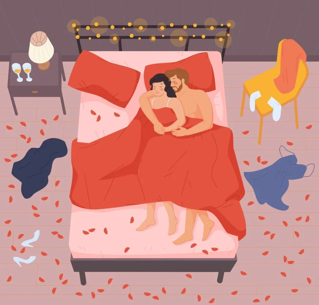 Sex positions to conceive illustration of couple lying in bed after intimacy in a romantic setting