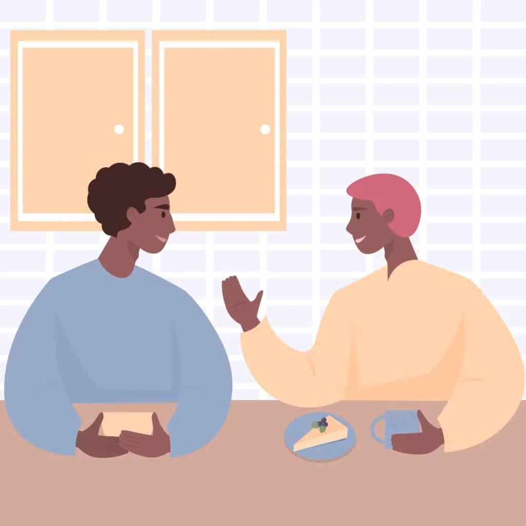 Shared custody tips concept with two parents discussing parenting over coffee