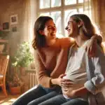 A heartwarming scene of a cheerful lesbian couple, one of them pregnant, sharing a joyful moment in a cozy, sunlit living room. The couple is smiling