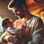 Man holding baby in his arms with warm smile showing the joy of have a baby