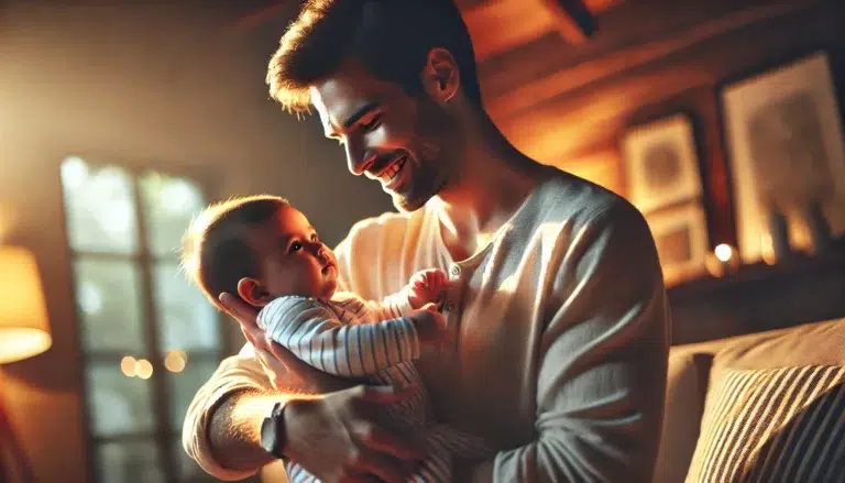 Man holding baby in his arms with warm smile showing the joy of have a baby