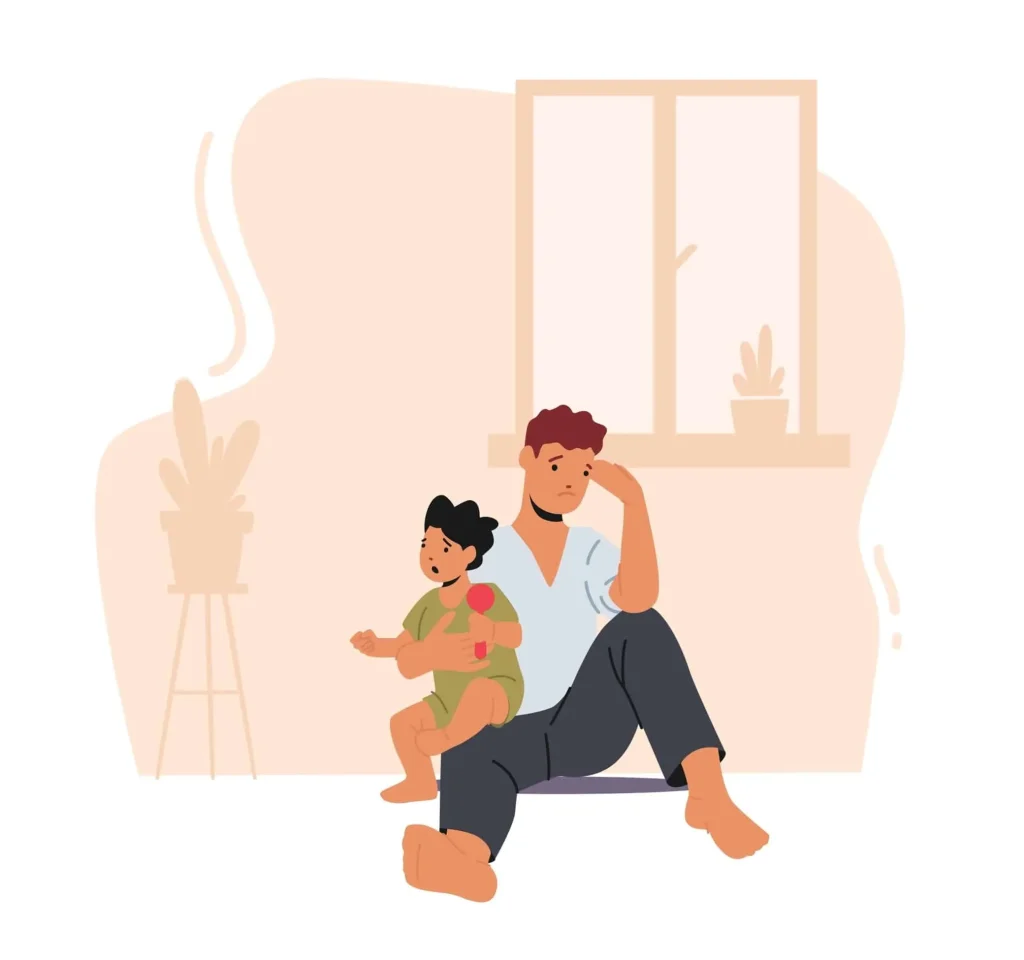 postnatal depression in fathers illustration showing an exhausted father caring for a crying child at home