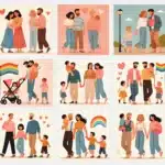 A flat vector illustration set showcasing different LGBT families in various heartwarming scenarios. Each family includes couples like two moms, two dads