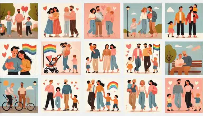 A flat vector illustration set showcasing different LGBT families in various heartwarming scenarios. Each family includes couples like two moms, two dads