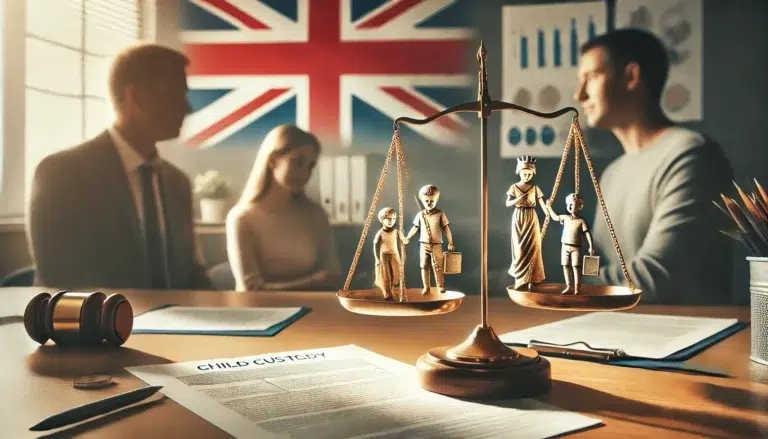 image representing child custody arrangements in the UK. The scene shows two parents in discussion with a legal advisor or mediator