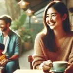 image depicting a date as a single parent. The scene is warm and intimate, showing the parent on a casual date, possibly at a café or park