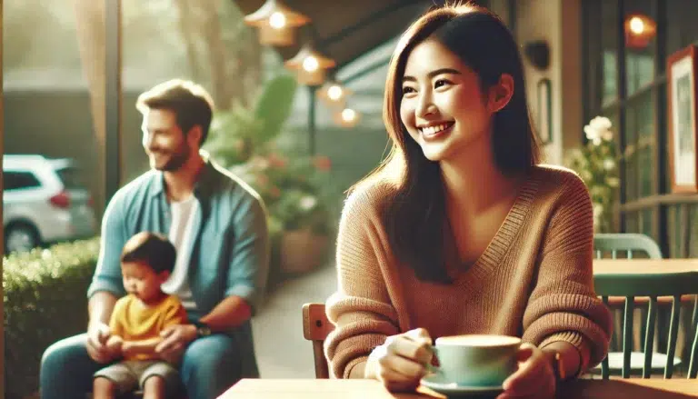 image depicting a date as a single parent. The scene is warm and intimate, showing the parent on a casual date, possibly at a café or park