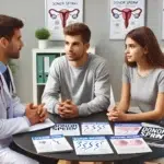 illustration of a couple in a doctor's office discussing fertility options, with brochures on AI sperm donor and artificial insemination spread out on the table.