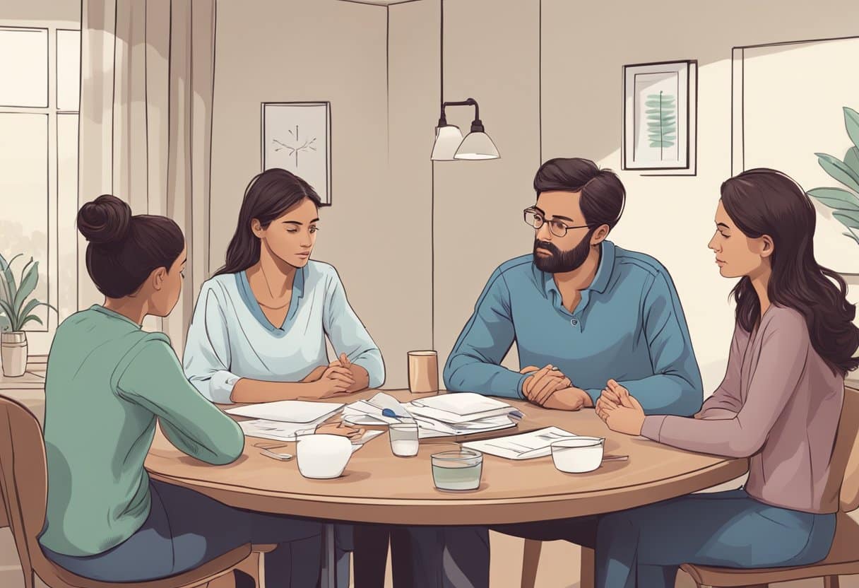 A family sitting around a table, with a concerned look on their faces while discussing the implications of sperm donation in the UK