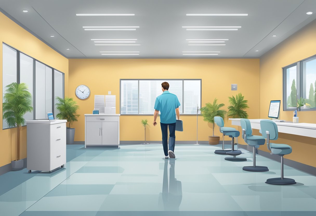 A man enters a modern clinic, fills out forms, and is guided to a private room. He provides a sample and leaves, feeling fulfilled