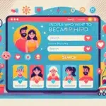 illustration of a dating website designed for people who want to become parents. The webpage features a welcoming and modern design