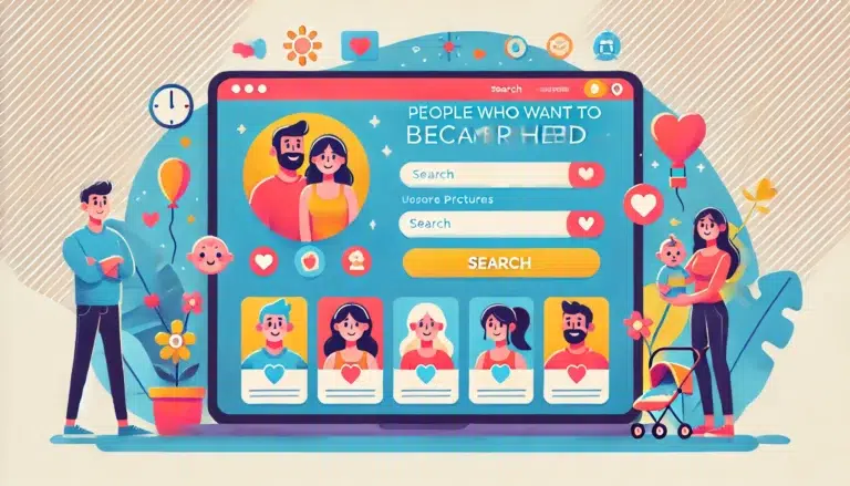 illustration of a dating website designed for people who want to become parents. The webpage features a welcoming and modern design