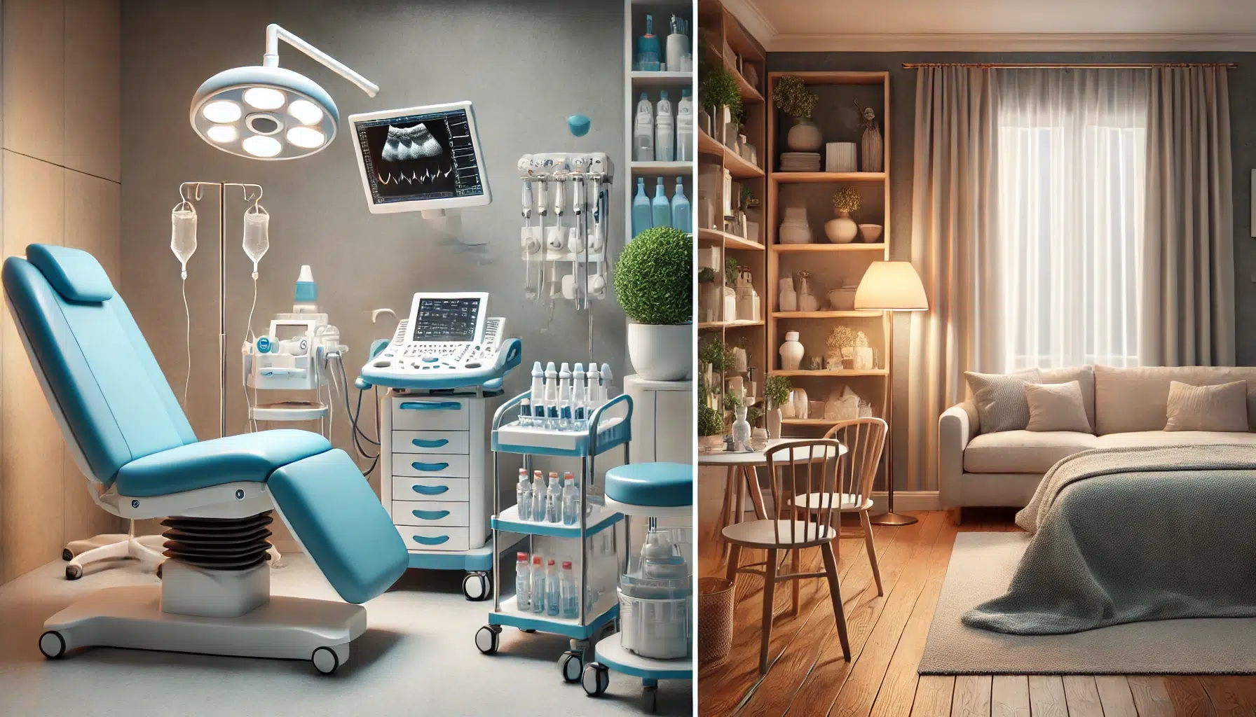 image comparing two settings_ on the left, a fertility clinic with medical equipment, featuring a sterile and professional environment
