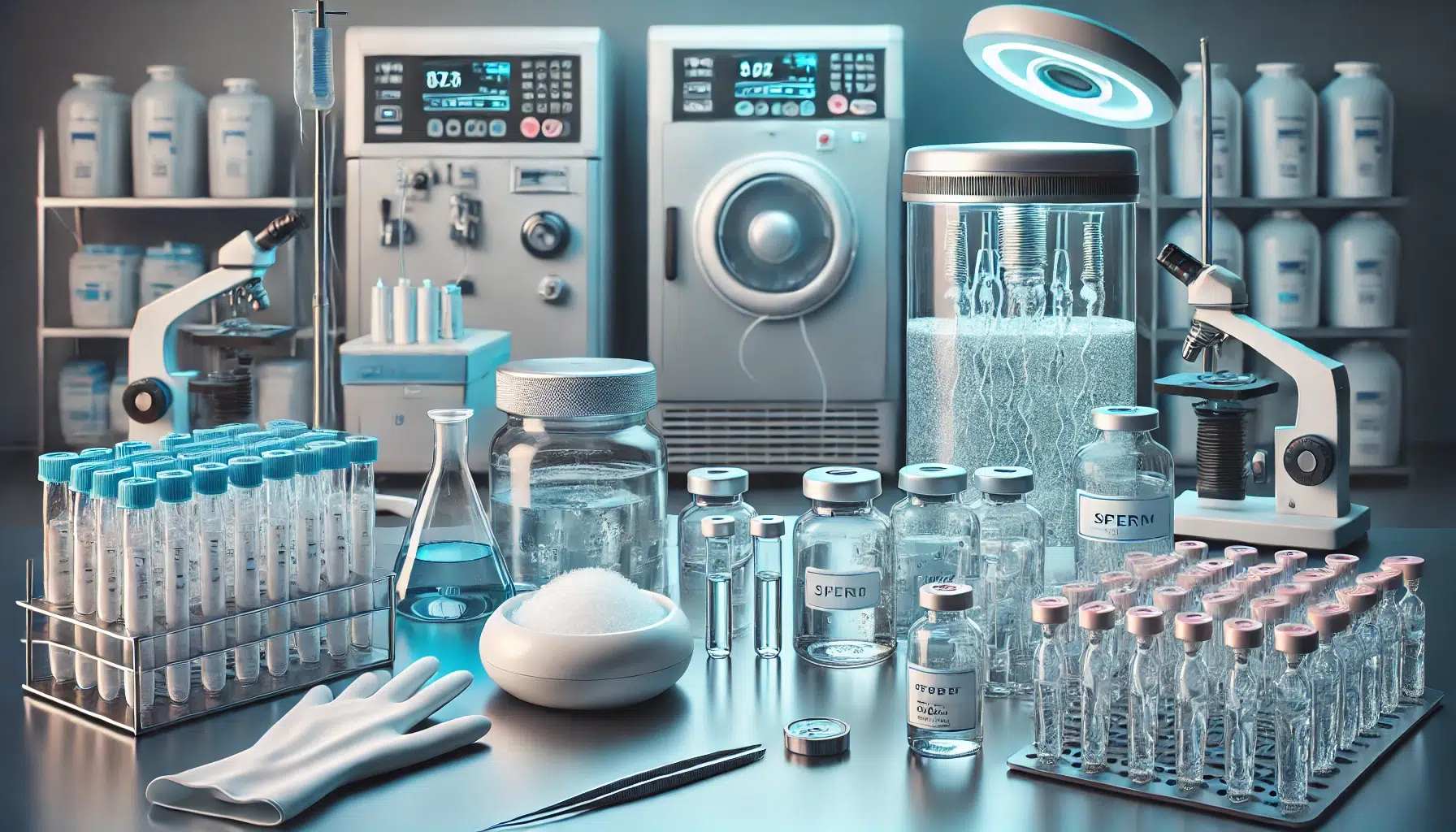 image showcasing equipment used for sperm donation and storage. The scene includes a sterile medical environment with items
