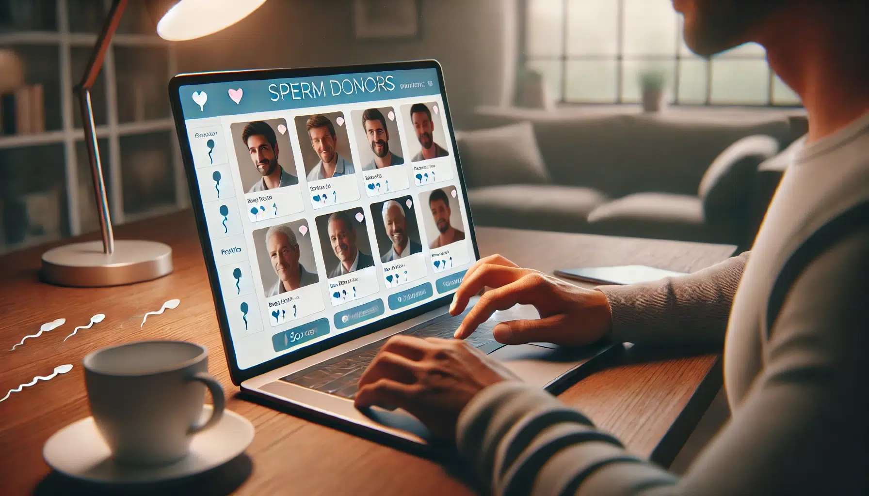 realistic image of a person browsing through profiles of potential sperm donors online. The person is seated at a desk, using a laptop or table