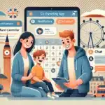 Two parents collaborating on tablet using co-parenting app UK to manage shared custody schedule and communication