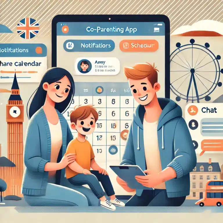 Two parents collaborating on tablet using co-parenting app UK to manage shared custody schedule and communication