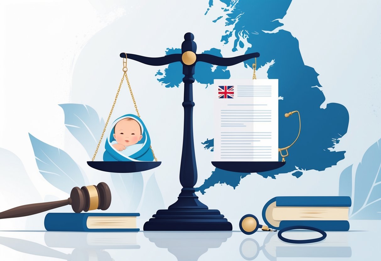 A balanced scale with a baby on one side and a legal document on the other, set against a faint map of the United Kingdom with legal and medical symbols nearby.