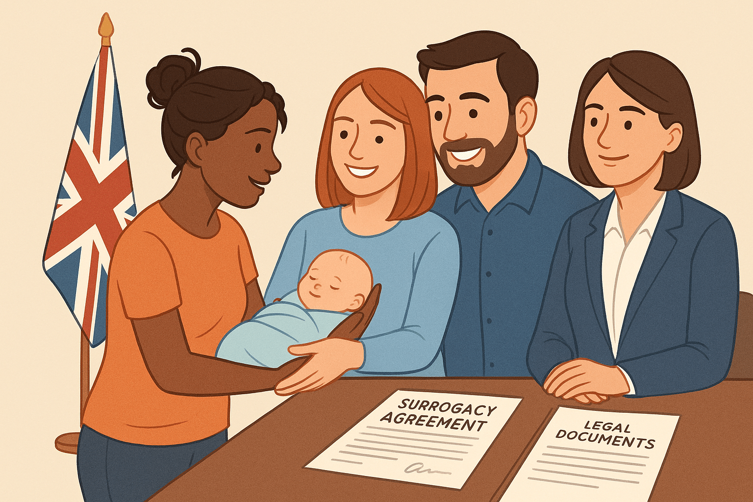 A surrogate mother handing a baby to a smiling couple in a legal office with UK flag and legal documents visible