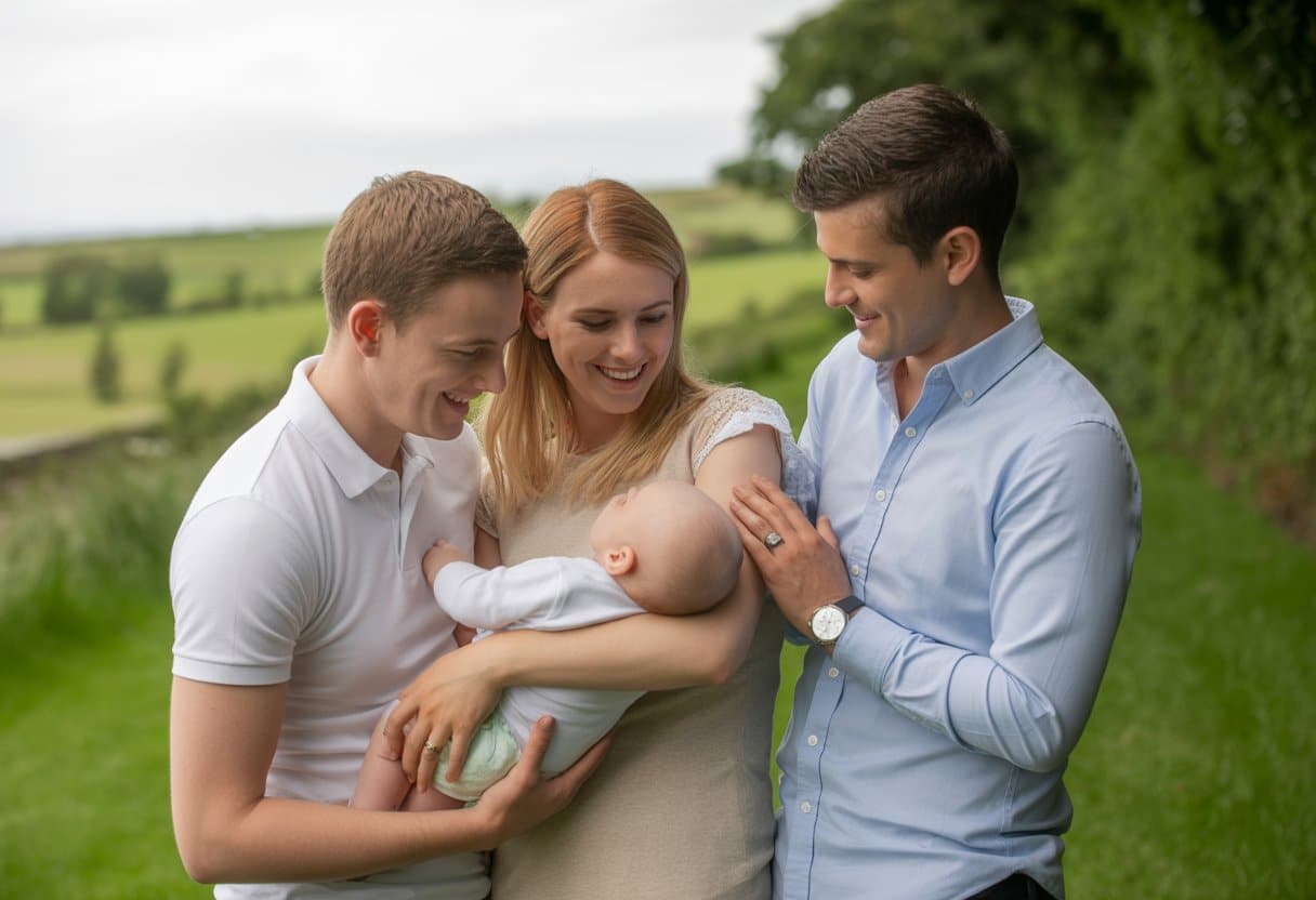 Gay couple with baby and surrogate mother in Ireland family photo