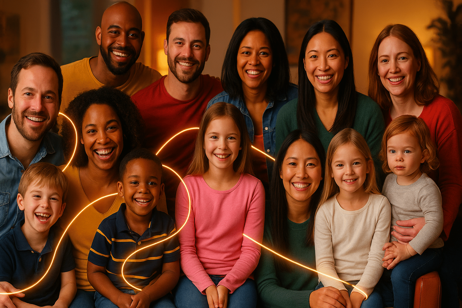 Realistic photograph of diverse families and individuals, different ethnicities and ages, connected by glowing lines symbolizing a supportive donor conception network