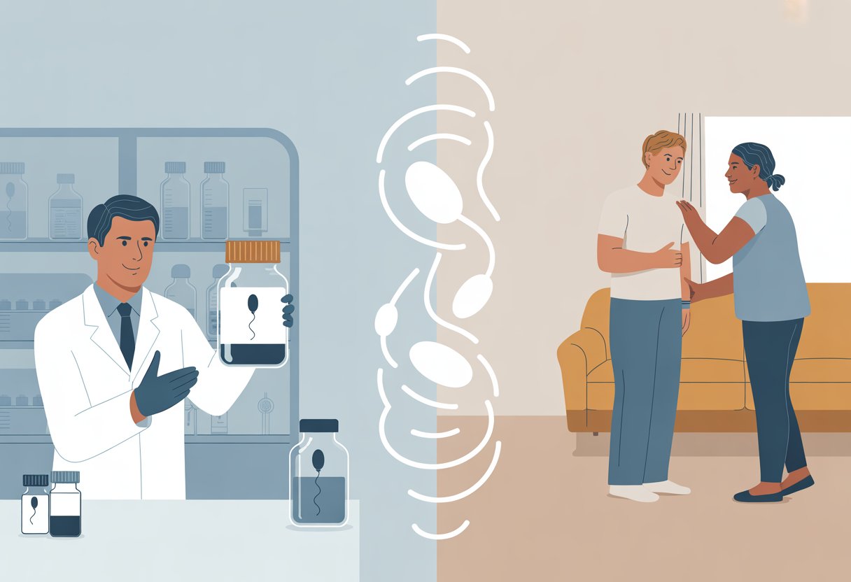 An illustration showing a medical professional in a lab with sperm donation equipment and two people having a supportive conversation representing sperm bank and natural donation