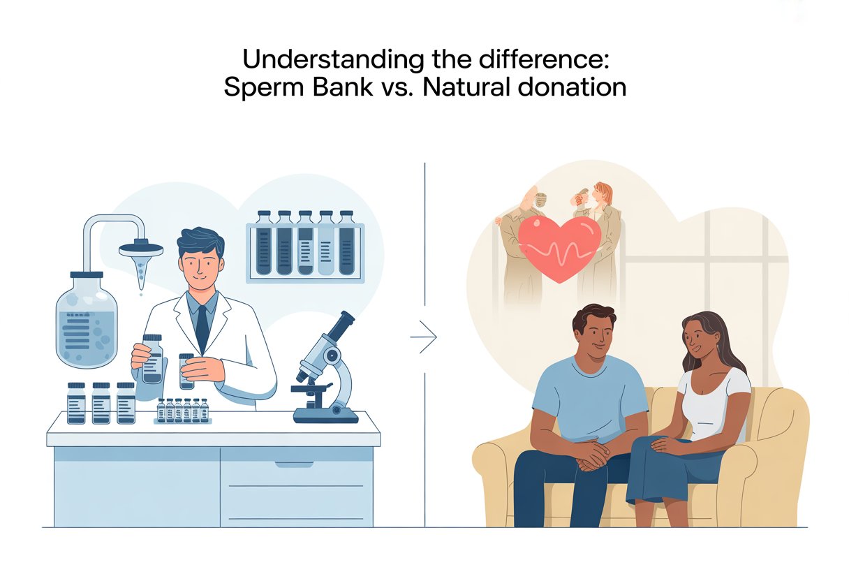 Two side-by-side scenes showing a laboratory with a technician handling sperm samples illustrating the difference between sperm bank and natural donation