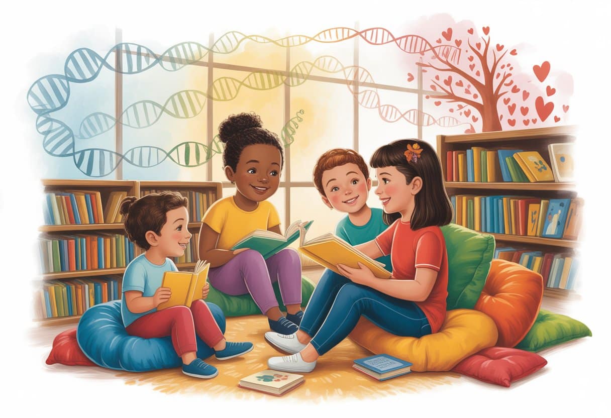 Children sitting in a library corner listening to an adult reading a story, surrounded by books and symbols representing family diversity