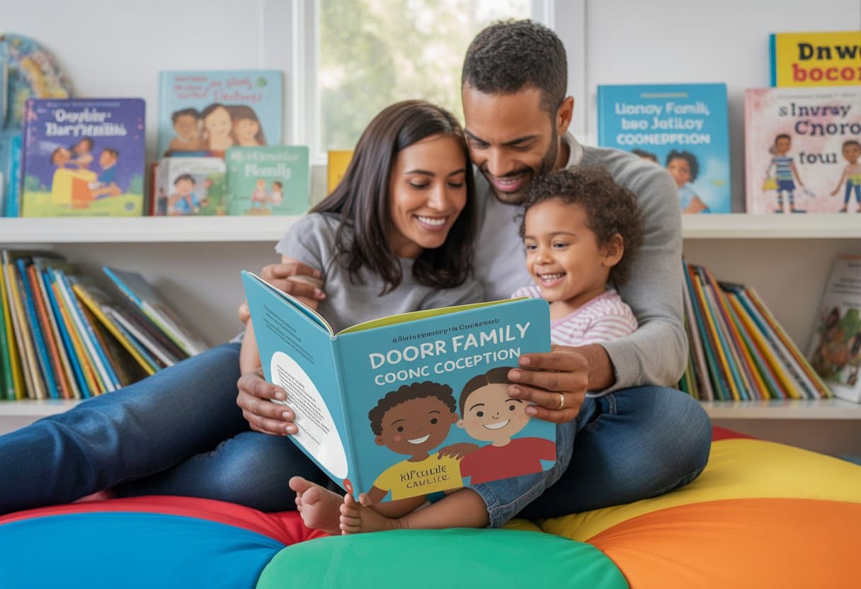 Parents reading a children’s book that explains donor conception together