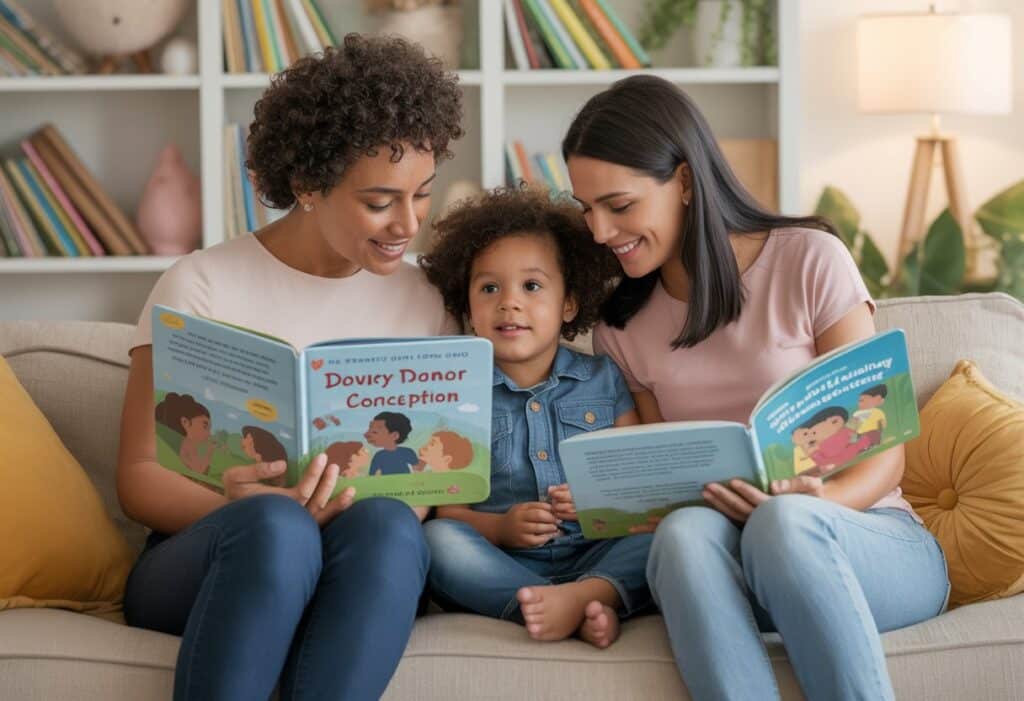 Two mums reading a donor conception children’s book with their child