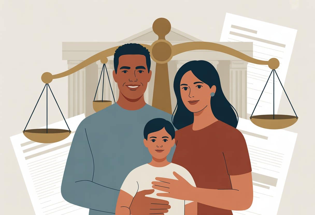 A diverse family with a child standing together near a courthouse, with scales of justice in the background symbolising legal parentage and parental rights