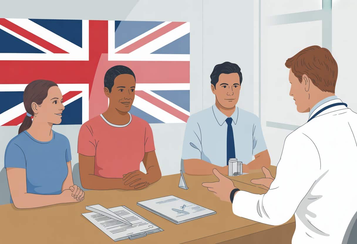 A doctor and a couple in a medical office discussing sperm donation with legal documents on the desk and a UK flag in the background