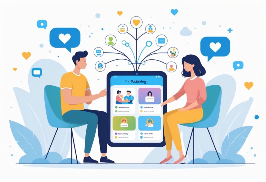 Two adults using a digital device to connect through a co-parenting app, with icons representing communication and scheduling around them